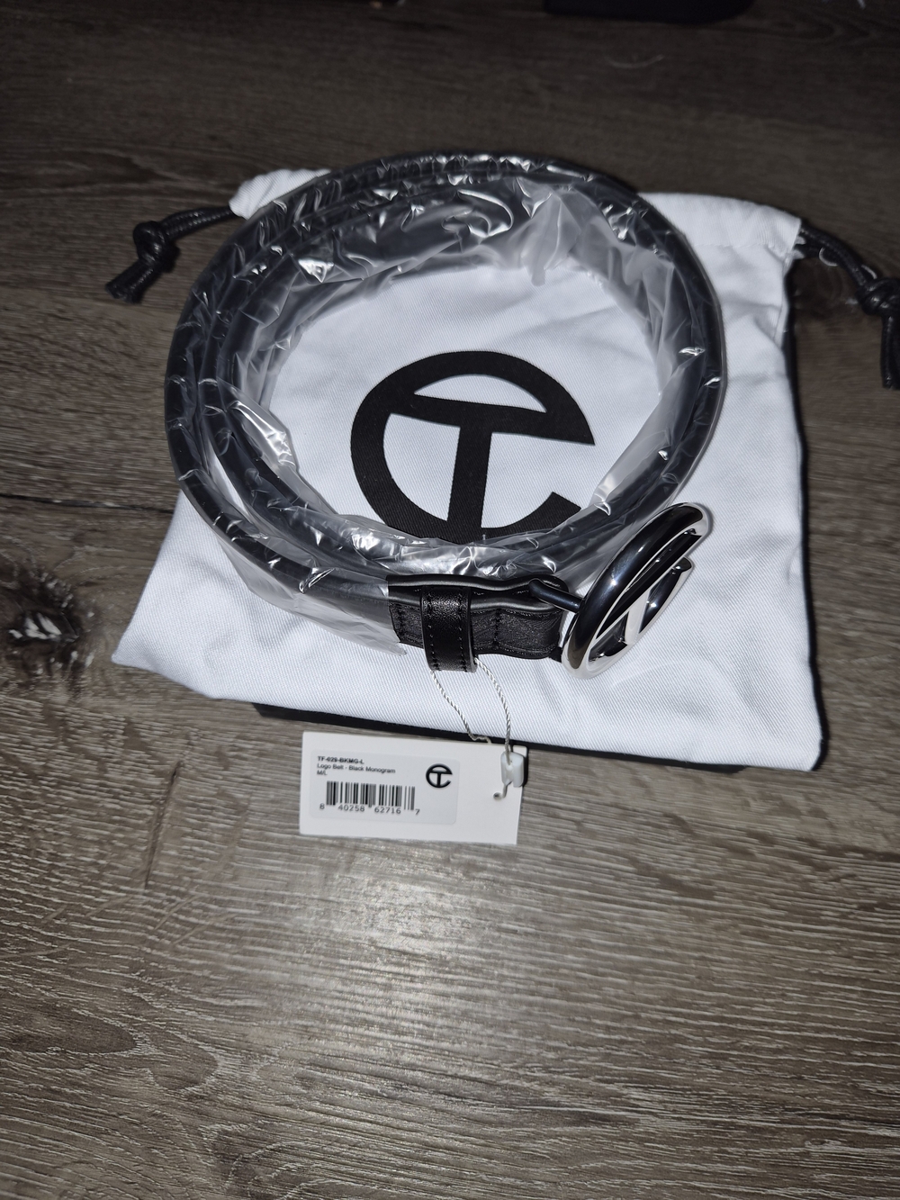 Telfar Black Monogram Leather Belt with Silver Logo Buckle